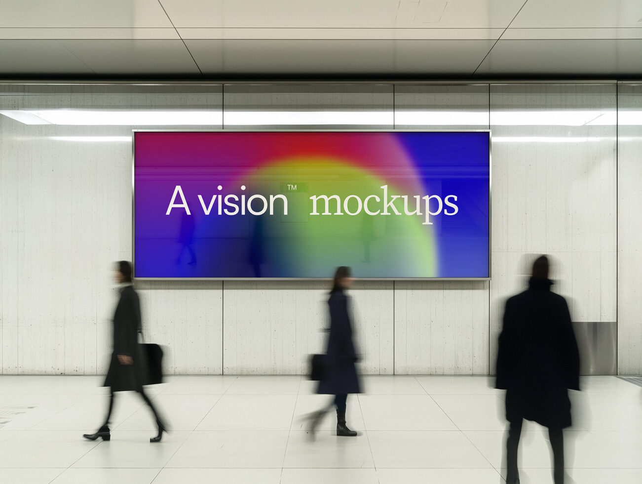 Wide horizontal ceiling-mounted screen in subway with vibrant gradient, people walking below