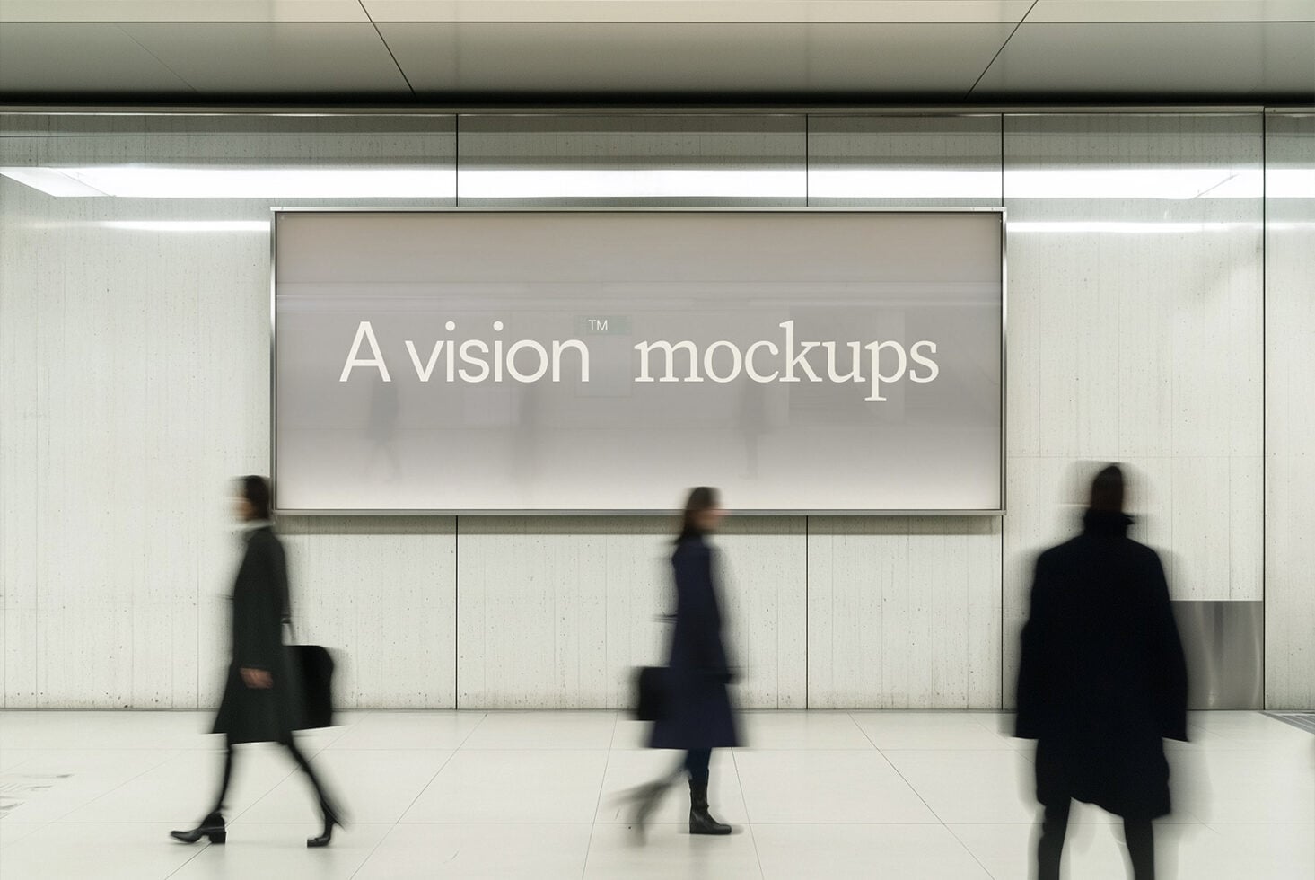 Large horizontal billboard with minimal gray display in transit station, blurred commuters walking by