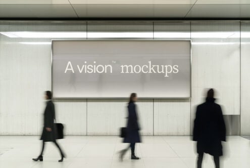 Large horizontal billboard with minimal gray display in transit station, blurred commuters walking by