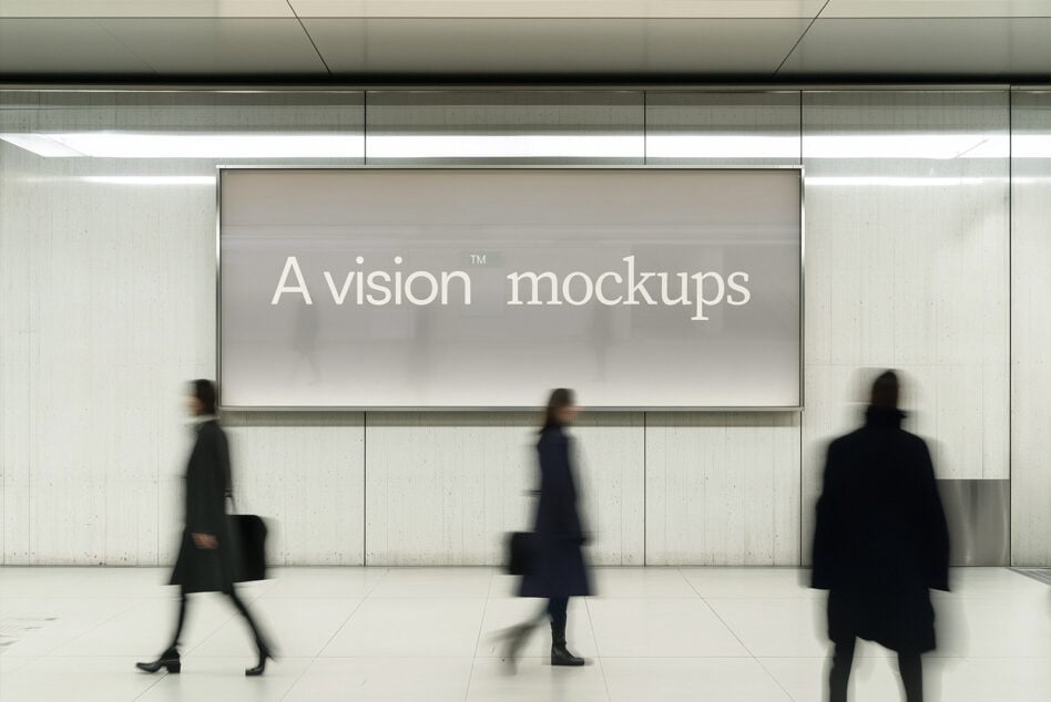 Large horizontal billboard with minimal gray display in transit station, blurred commuters walking by