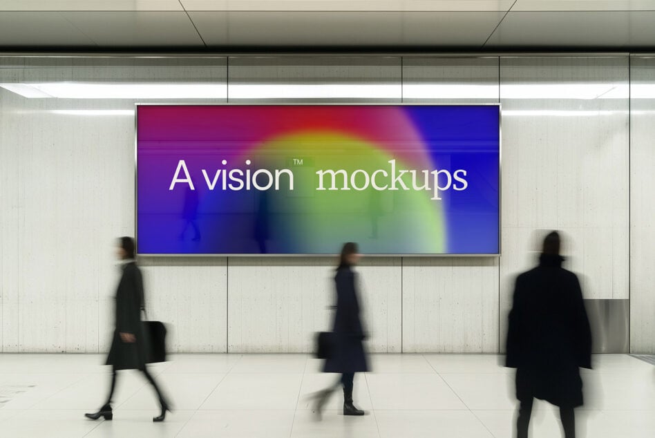 Large horizontal billboard with rainbow gradient display in modern transit corridor, motion blur crowd