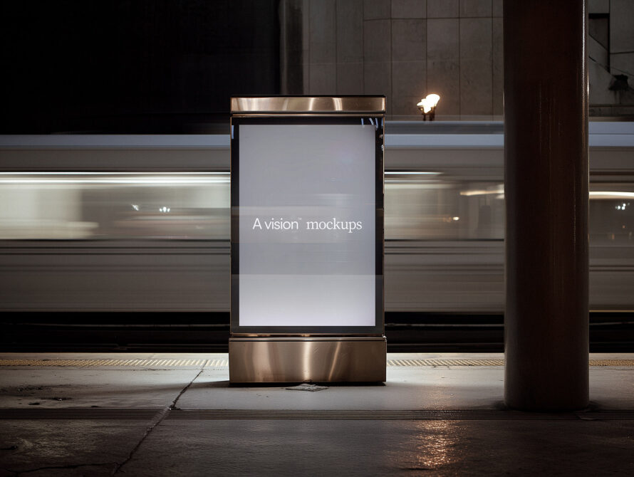 Empty screen on street-level metal advertising kiosk