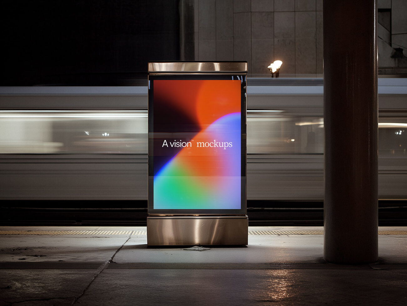 Vibrant gradient screen on street-level metal advertising kiosk