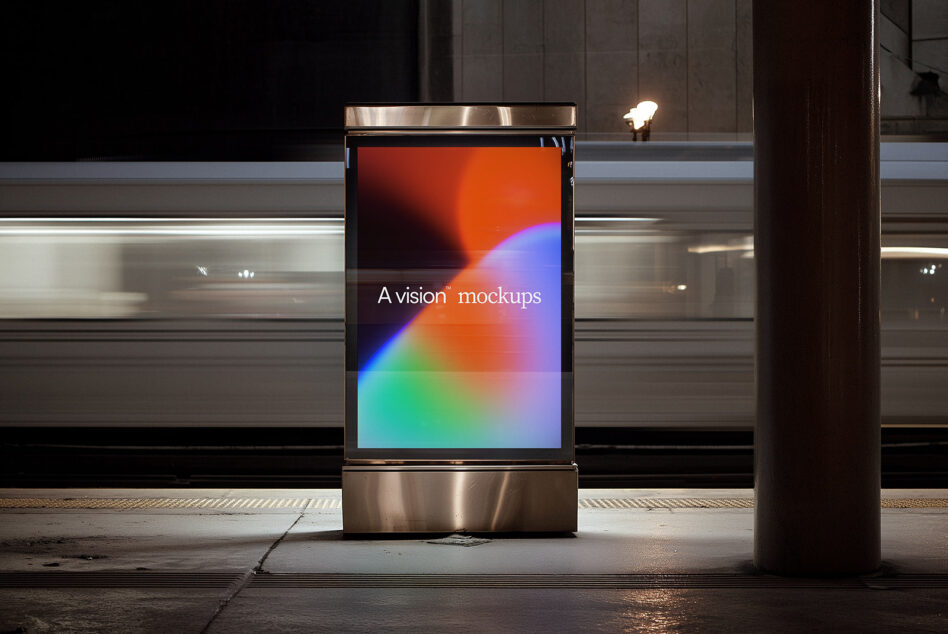 Vertical street kiosk with glowing gradient display showing colorful orange to cyan blend