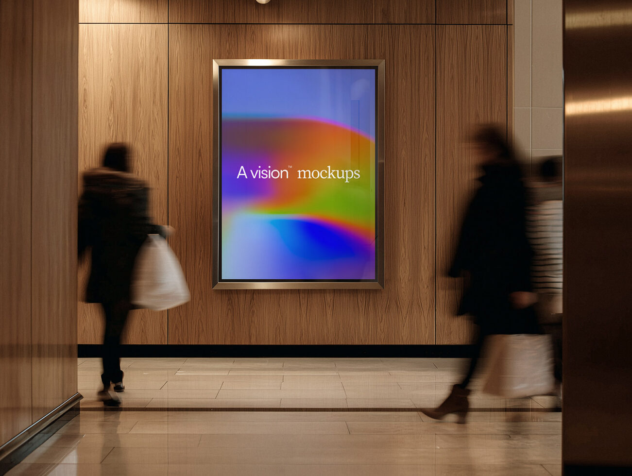 Framed square screen mockup on wooden wall in modern corridor setting