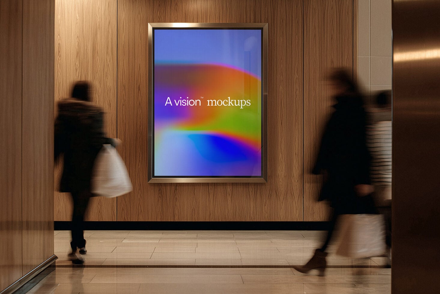 Square screen mockup on wooden wall with people passing through space