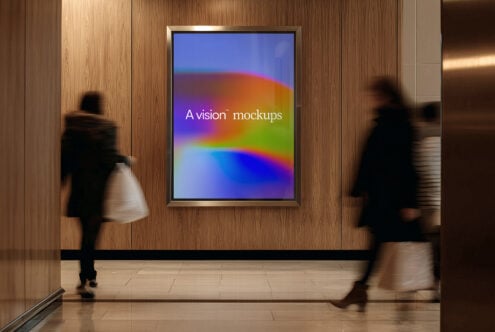 Square screen mockup on wooden wall with people passing through space