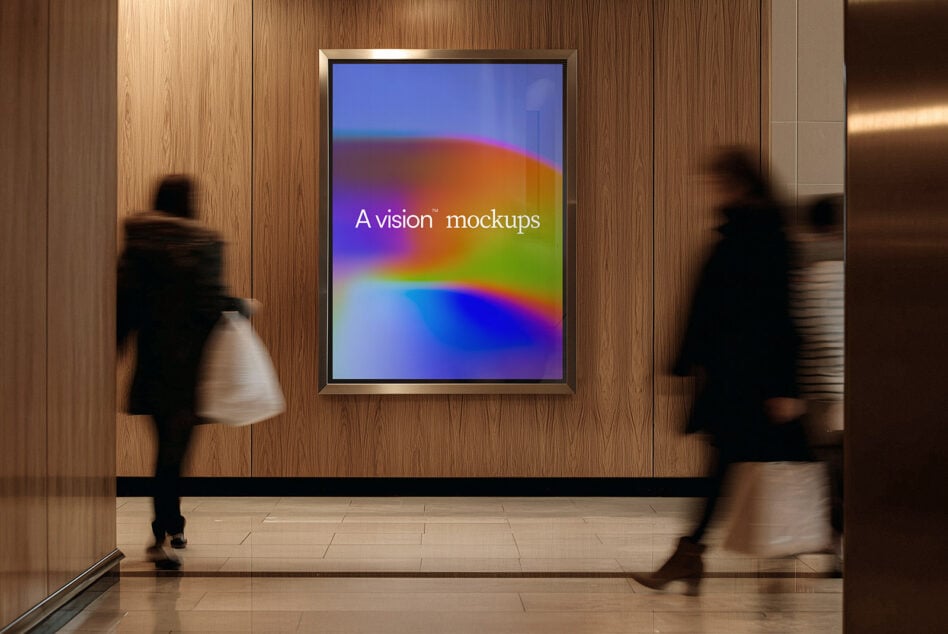 Square screen mockup on wooden wall with people passing through space