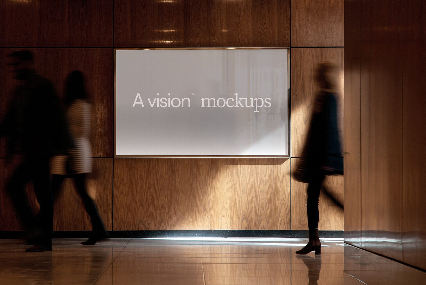 Contemporary hallway with horizontal screen mockup displaying neutral background