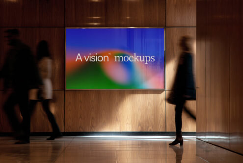 Busy hallway with people walking past horizontal screen display mockup