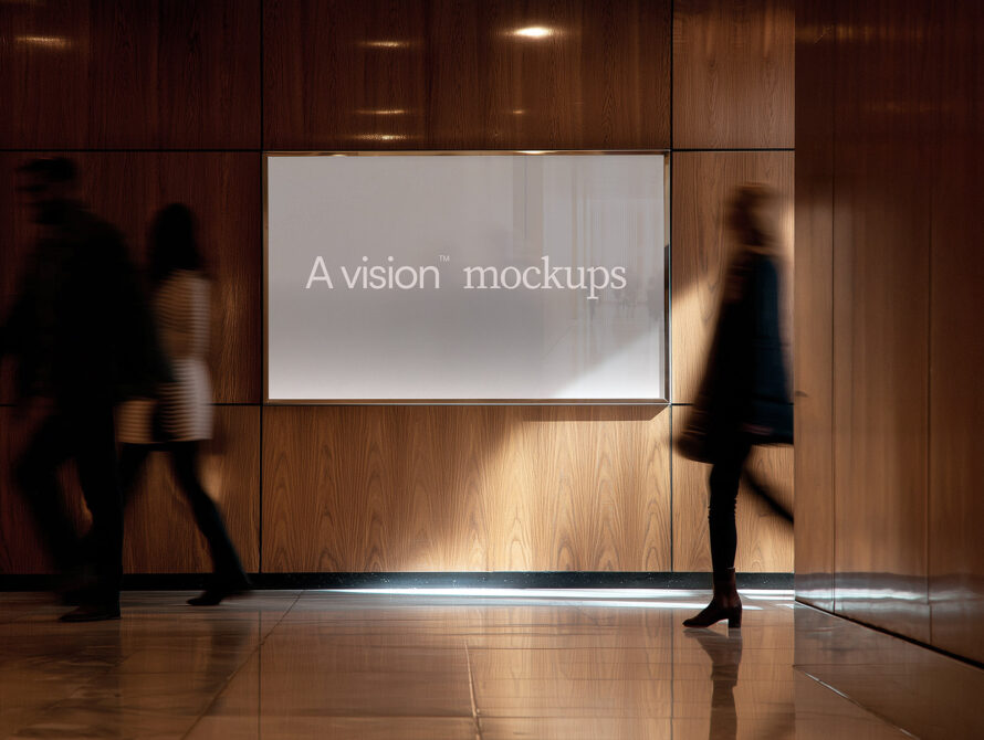 Minimalist corridor interior with horizontal screen mockup on wood wall