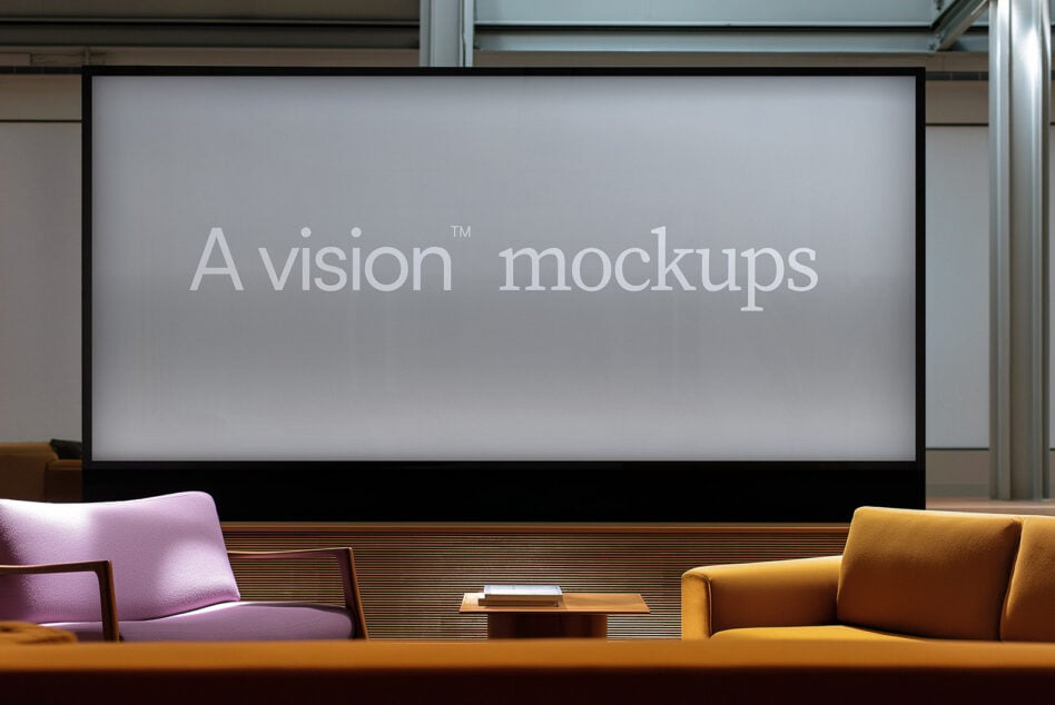Panoramic screen showing clean gray surface above modern purple gold lounge furniture