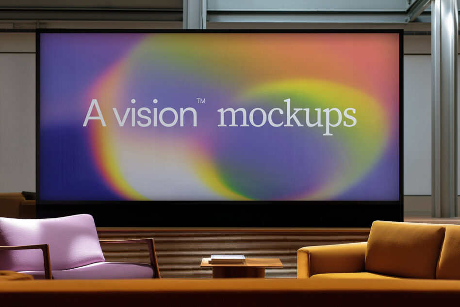 Extra wide screen with vibrant gradient display mounted above contemporary lounge seating