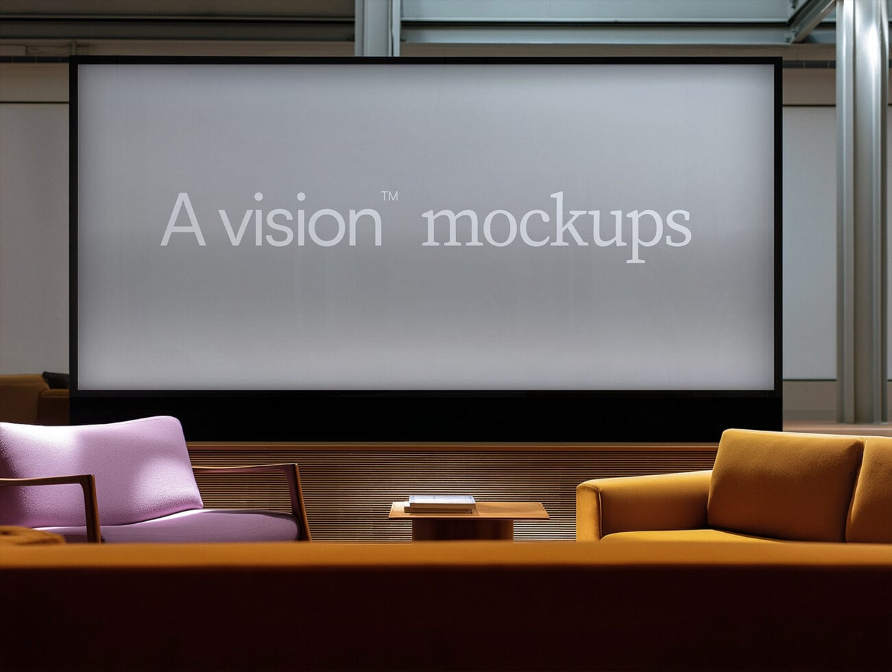 Panoramic screen displaying neutral gray backdrop above designer lounge chairs in luxury space