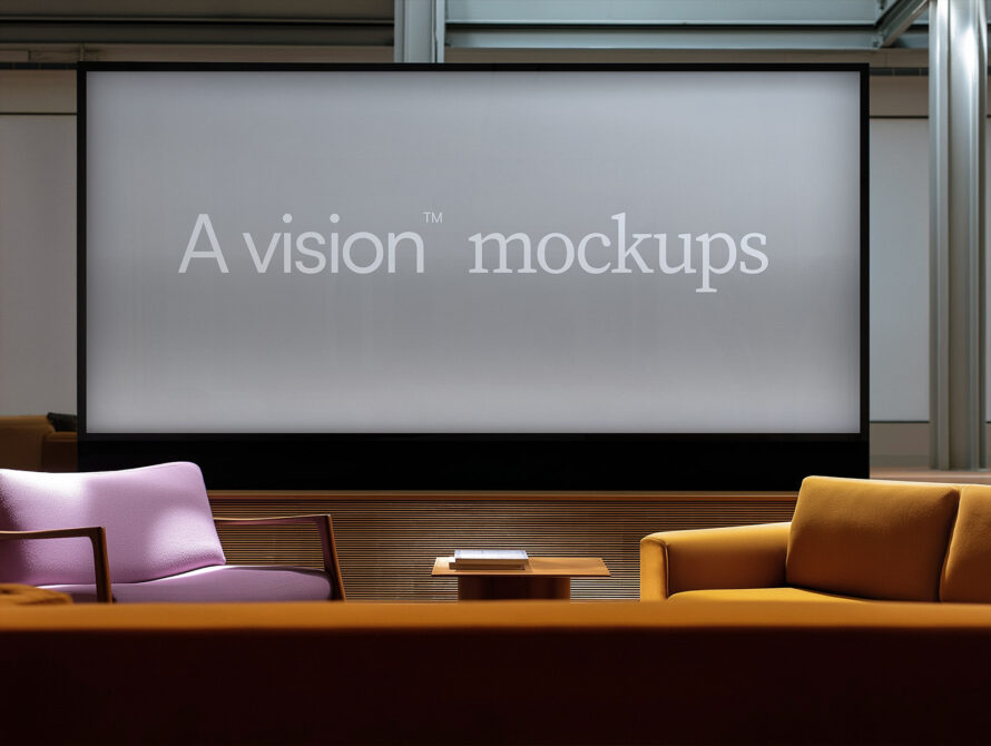 Panoramic screen displaying neutral gray backdrop above designer lounge chairs in luxury space