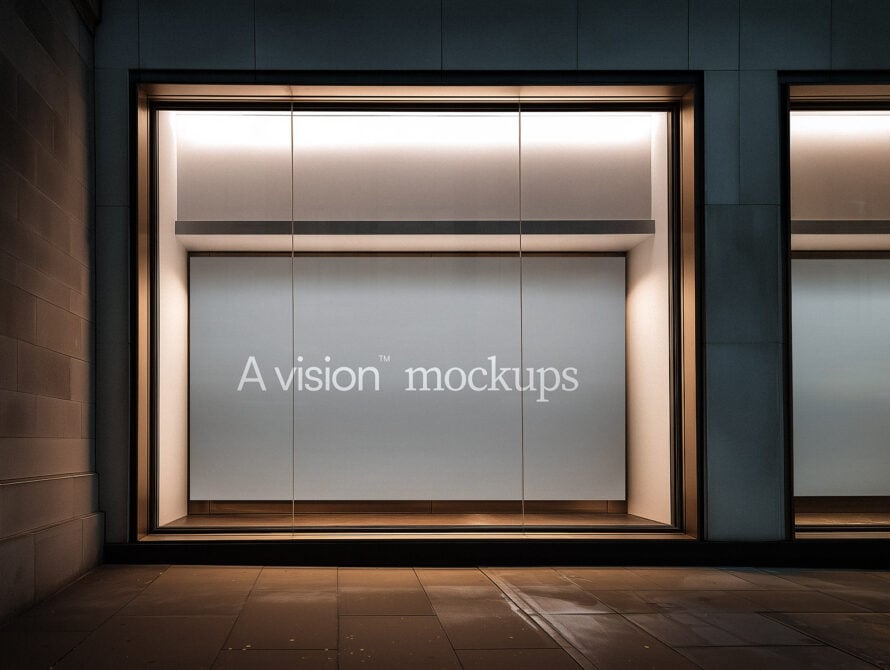 Contemporary retail window with neutral gray display on bronze-framed facade