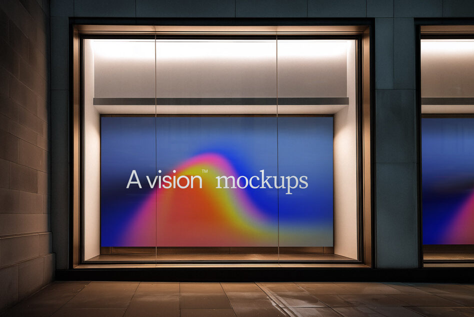 Sleek storefront with colorful gradient screen on warm-lit interior space