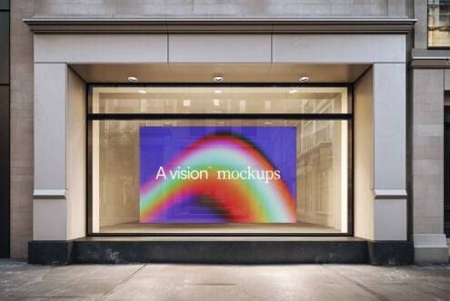 Storefront window showing interior mounted screen with colorful gradient display in glass case