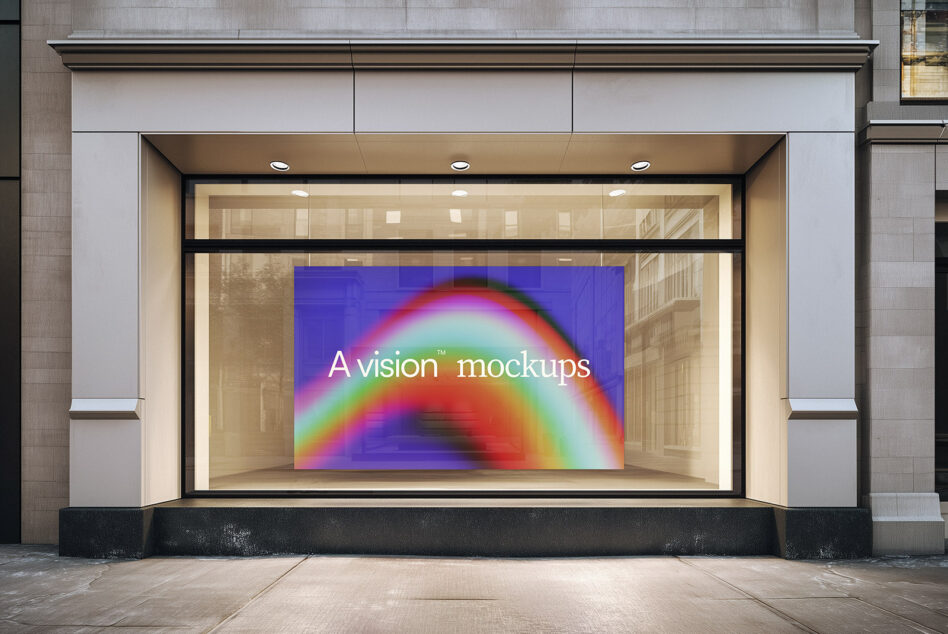 Storefront window showing interior mounted screen with colorful gradient display in glass case