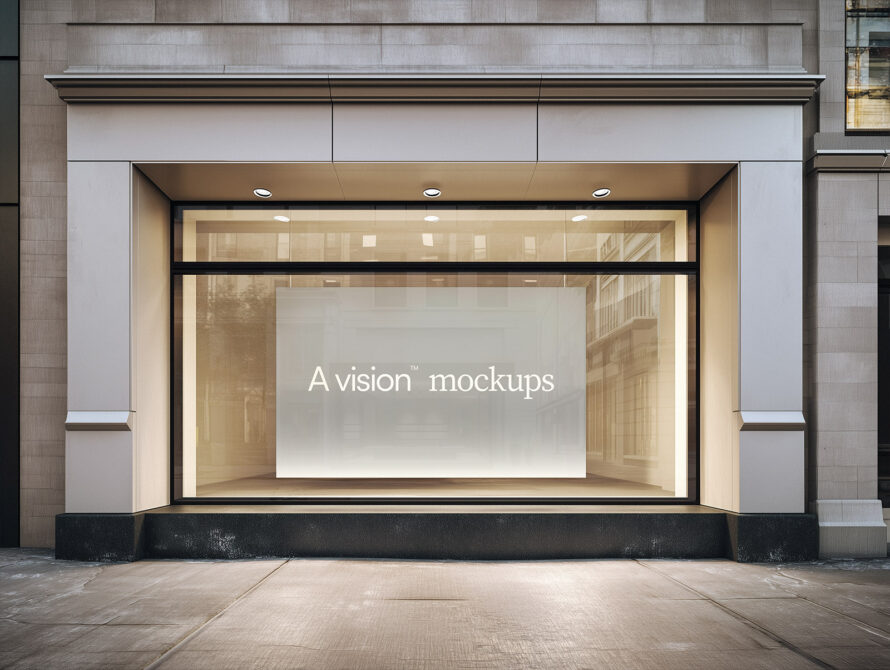Storefront window display interior showing mounted screen with neutral light surface visible