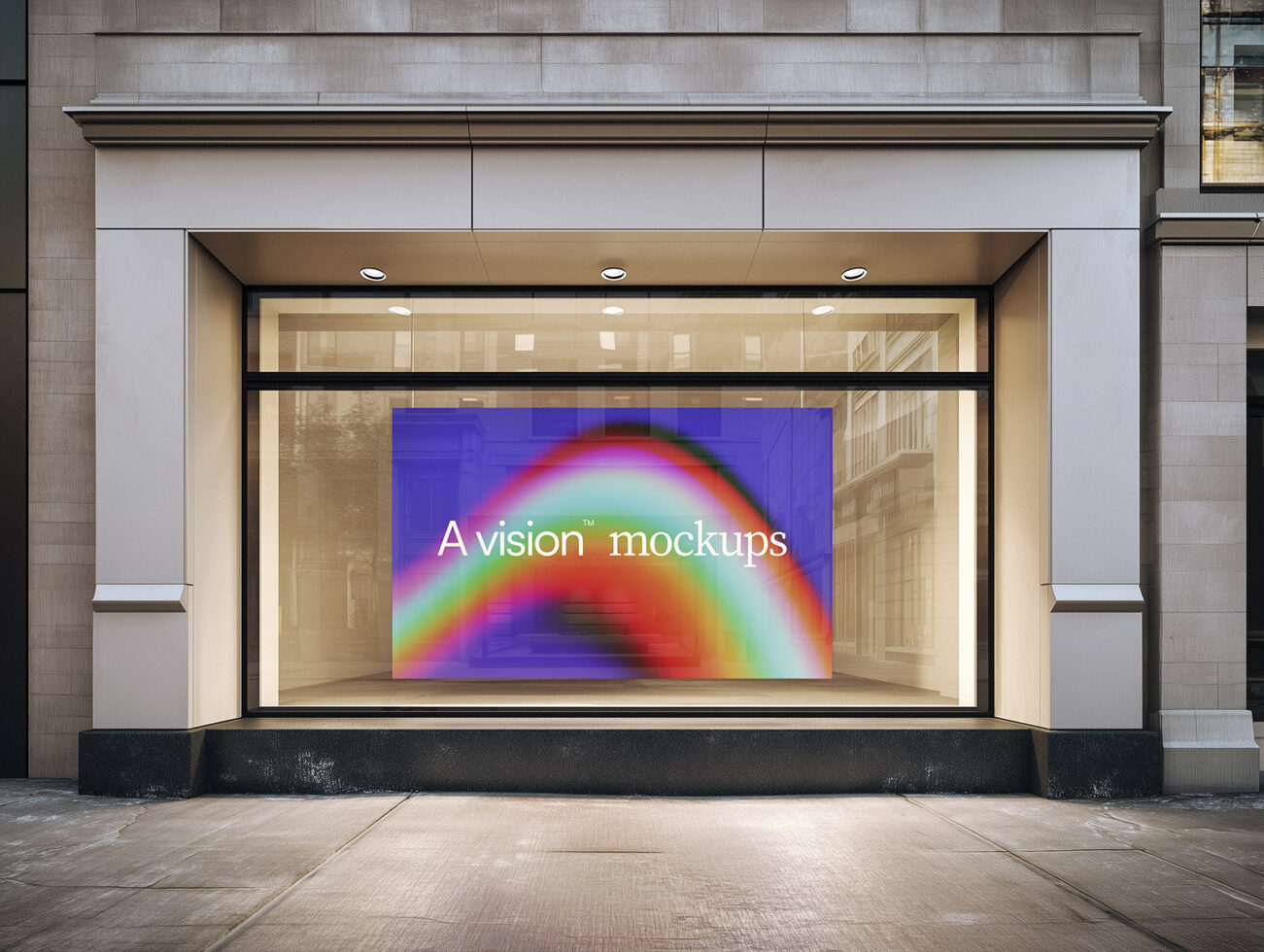 Street-level storefront window showing interior display screen with bright gradient background