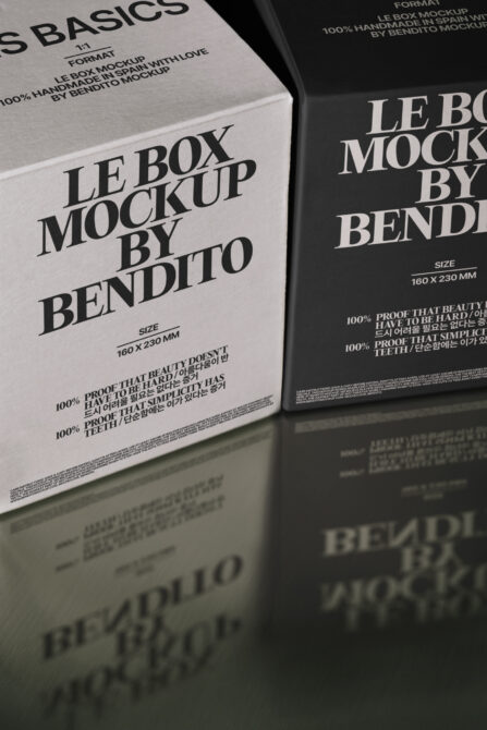 White box mockup 160x230mm beside dark box displaying packaging label layout