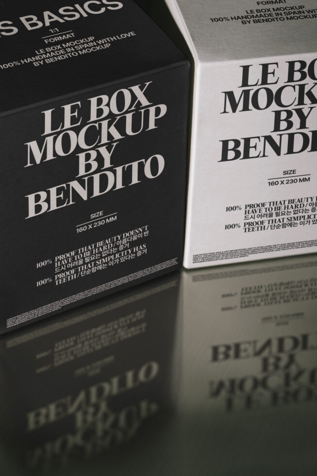 Black box mockup 160x230mm next to white box showing front label design detail