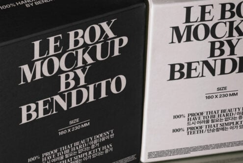 Box packaging mockup with bold typography by Bendito in black and white. Ideal for graphic designers seeking professional mockups and templates.