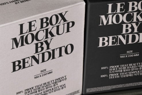 Box mockup by Bendito featuring bold typography on black and white packaging. Ideal for designers seeking elegant product mockups. Size 160x230 mm.