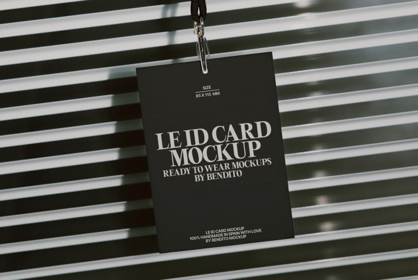 Black lanyard card mockup flat lay shot from above with horizontal stripes