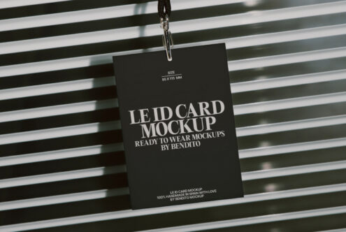 Black lanyard card mockup flat lay shot from above with horizontal stripes