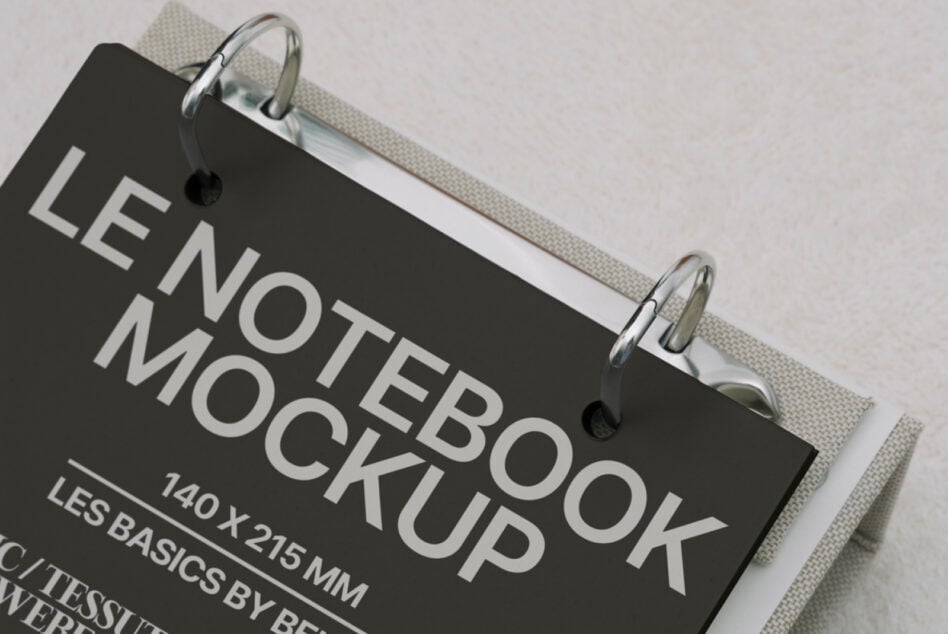 Black hardcover notebook clipped to cream fabric, angled view showing spine detail