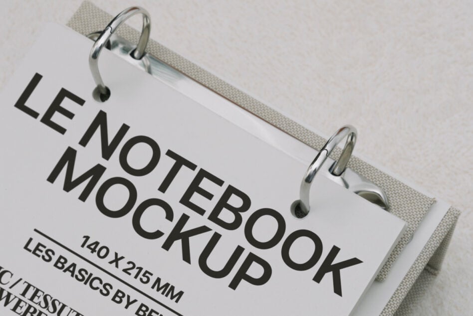 White hardcover notebook clipped to cream fabric, angled view showing spine detail