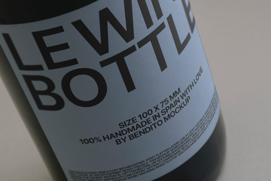 Bottle label mockup angled view with bold sans-serif typography