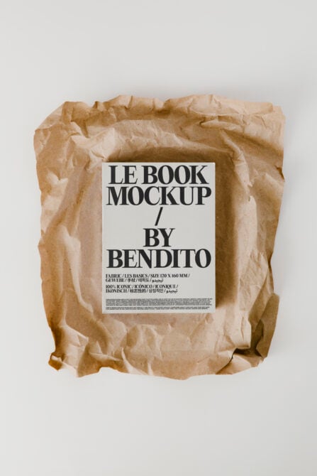 Book in kraft paper packaging with white label design mockup
