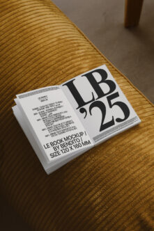 Stacked book mockup on golden knit surface with white cover displaying bold LB