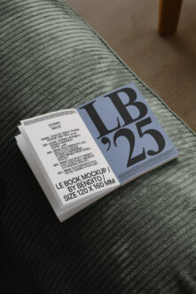Stacked book mockup on textured green fabric with blue cover showing LB type