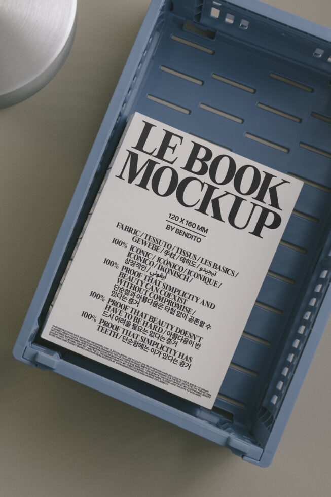 Open book mockup on blue tray with white cover displaying bold LB lettering