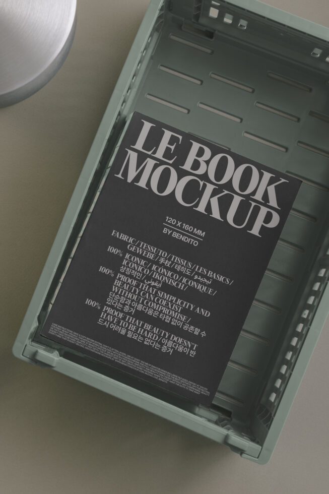 Open book mockup on sage green tray with black cover showing LB typography