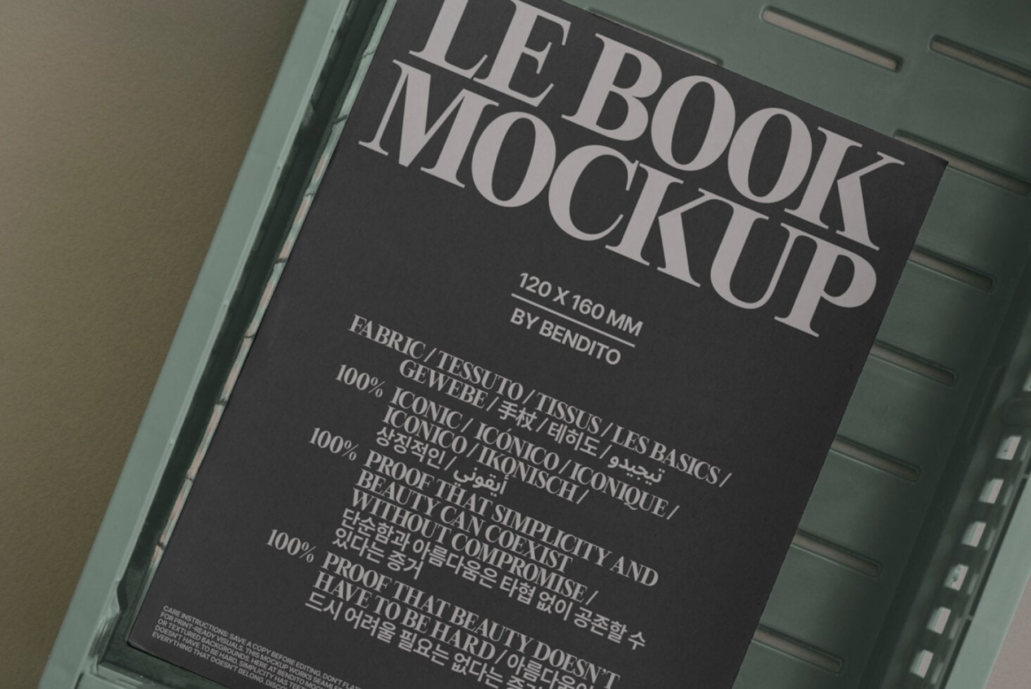 Open book mockup on mint green tray with dark cover showing oversized LB numbers