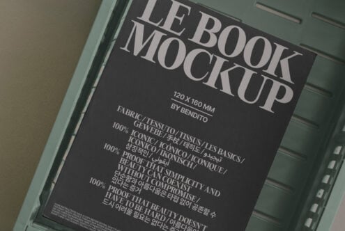 Open book mockup on mint green tray with dark cover showing oversized LB numbers