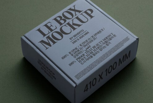 Light blue square packaging mockup showing front label with text