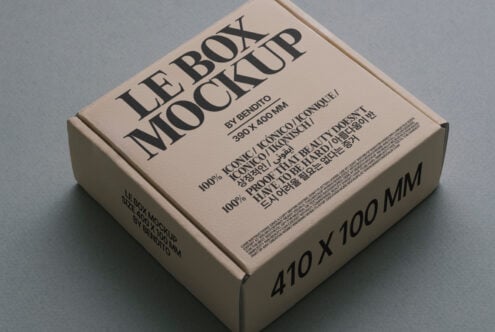 Beige box mockup on gray surface showing brand printing layout