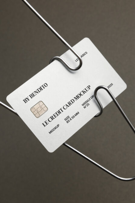 White credit card mockup suspended on metal wire against neutral background