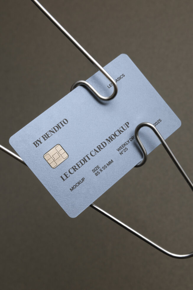 Light blue credit card mockup on wire hooks, showing chip details