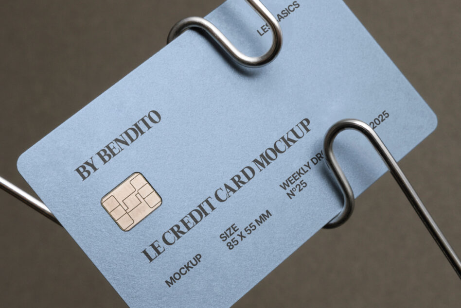 Light blue card mockup hanging from metal loops with visible chip imprint
