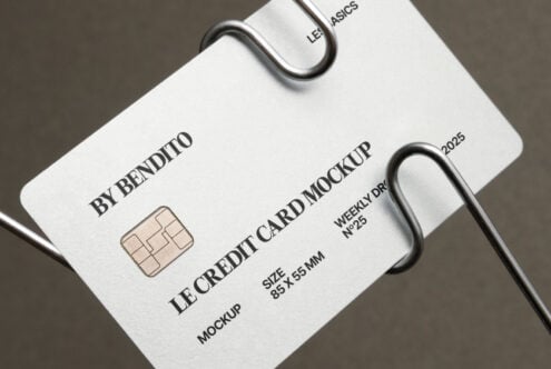 Cream colored card mockup on wire display with minimalist styling