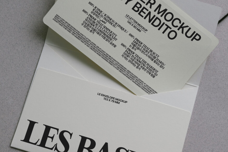 White envelope mockup with letter inside displayed at angle on cream folder
