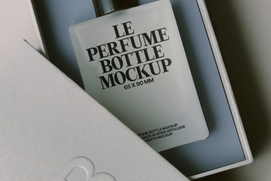 Close-up of luxury perfume bottle mockup in white box with blue tissue
