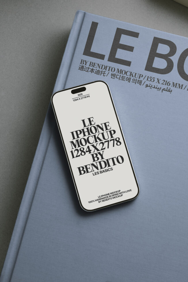 Light blue book with iPhone mockup showing white screen layout
